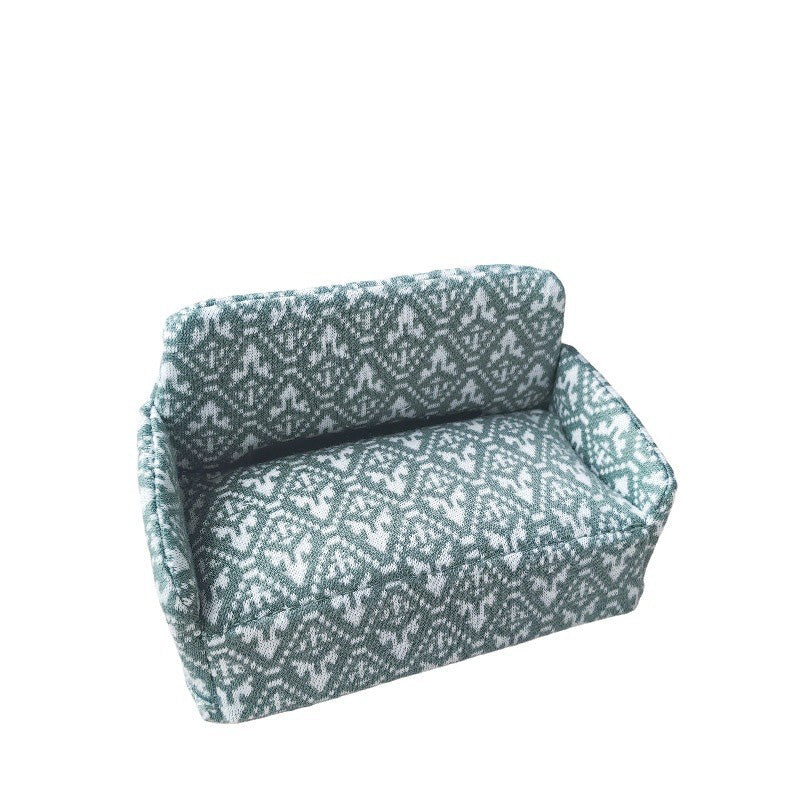 1:12 Dollhouse Wooden Couch Furniture Set, Fabric Removable Retro Double Sofa. Antique Cottage-Style Miniature Dollhouse Furniture Accessories for Living Room