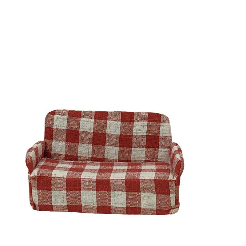 1:12 Dollhouse Wooden Couch Furniture Set, Fabric Removable Retro Double Sofa. Antique Cottage-Style Miniature Dollhouse Furniture Accessories for Living Room