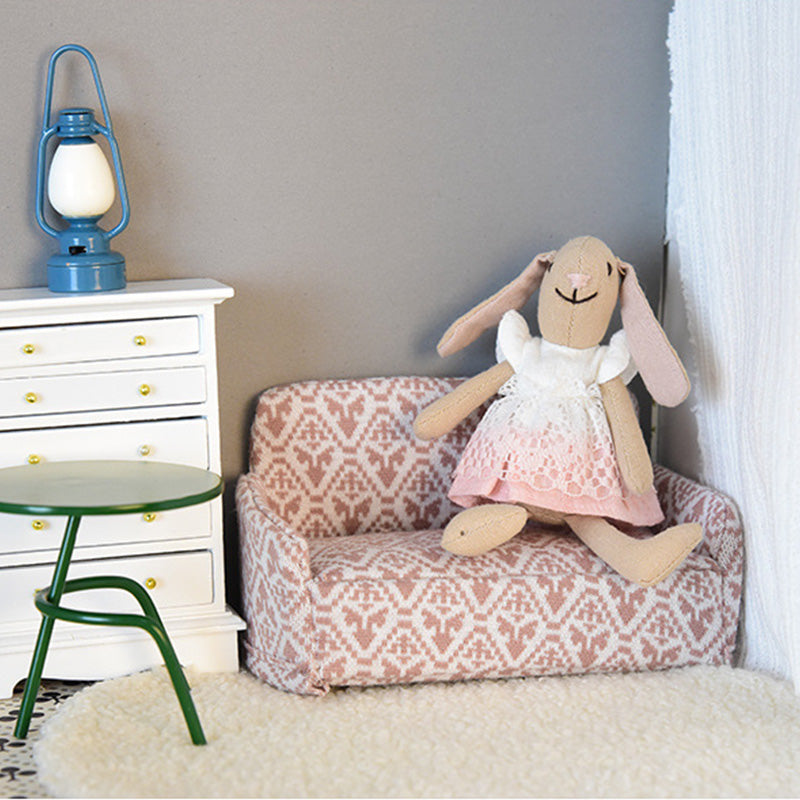 1:12 Dollhouse Wooden Couch Furniture Set, Fabric Removable Retro Double Sofa. Antique Cottage-Style Miniature Dollhouse Furniture Accessories for Living Room