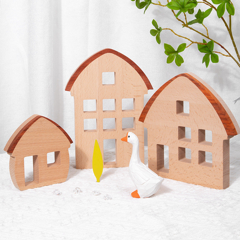 B018 Wooden Building Blocks Set for Kids,3 Wood House, Montessori Stacking Toy for Toddlers