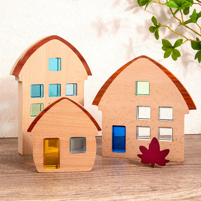 B018 Wooden Building Blocks Set for Kids,3 Wood House, Montessori Stacking Toy for Toddlers
