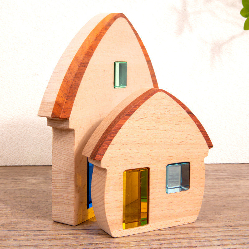 B018 Wooden Building Blocks Set for Kids,3 Wood House, Montessori Stacking Toy for Toddlers