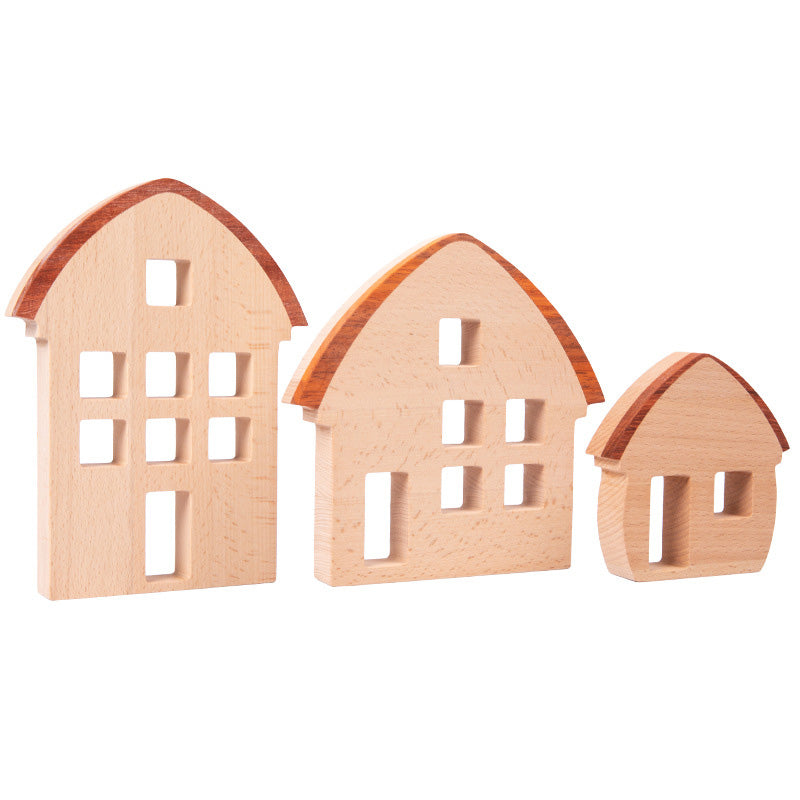 B018 Wooden Building Blocks Set for Kids,3 Wood House, Montessori Stacking Toy for Toddlers