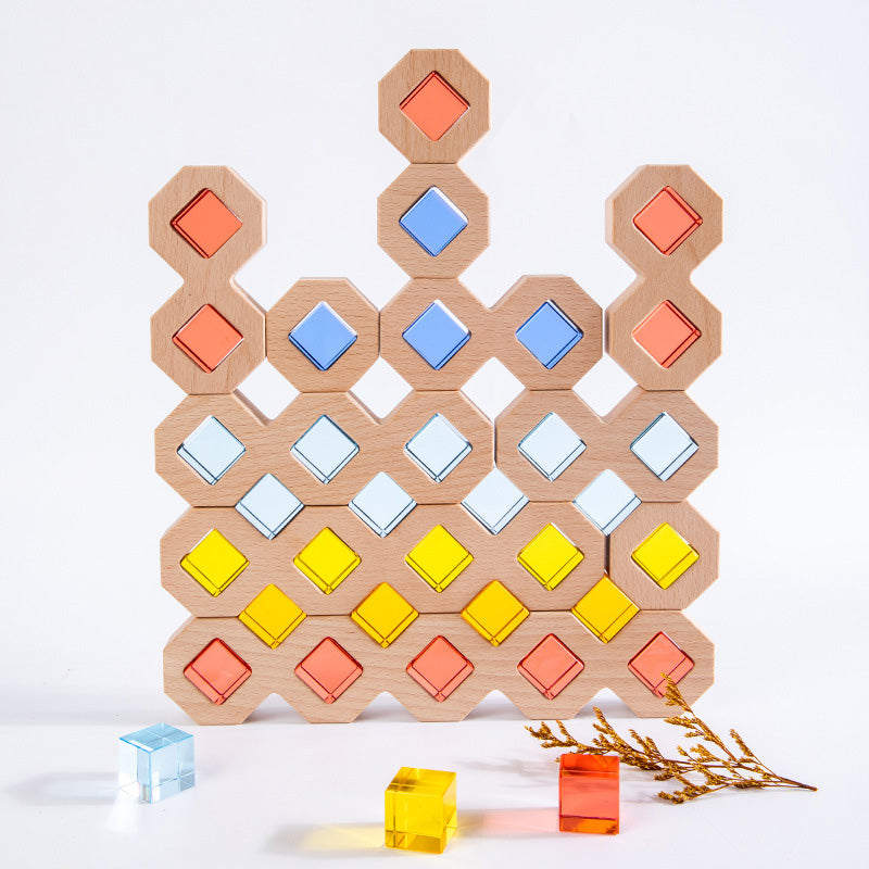 B019 Wooden Rainbow Building Blocks Cube Gem Stacking Blocks Toys