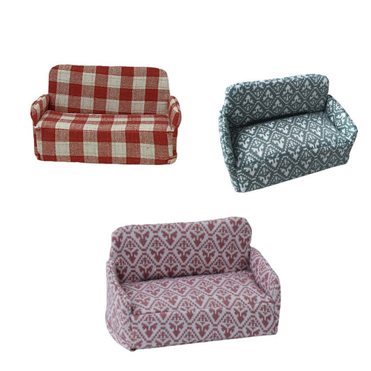 1:12 Dollhouse Wooden Couch Furniture Set, Fabric Removable Retro Double Sofa. Antique Cottage-Style Miniature Dollhouse Furniture Accessories for Living Room