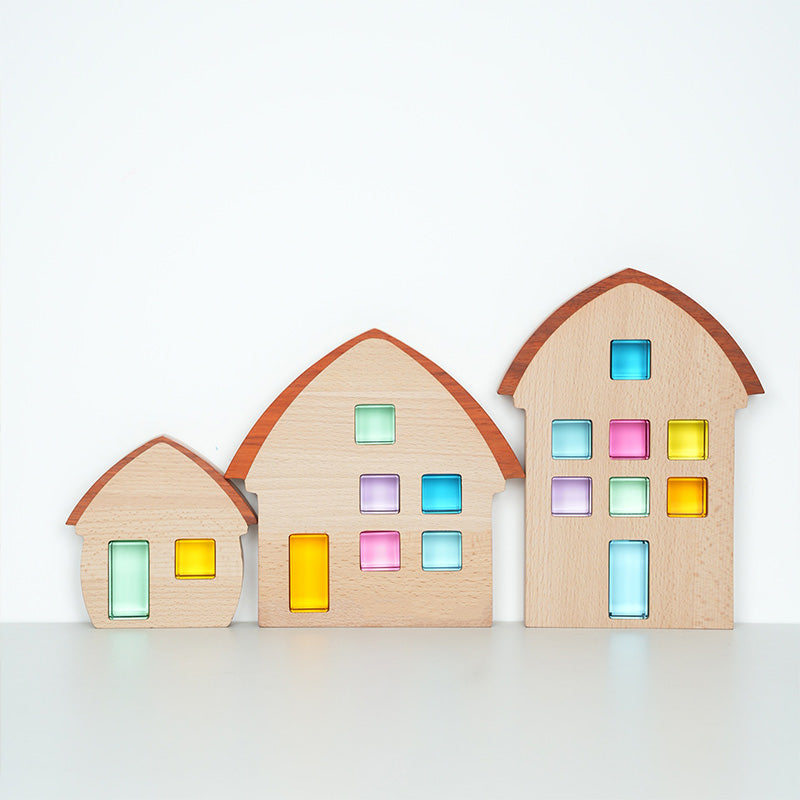 B018 Wooden Building Blocks Set for Kids，3 Wood House, Montessori Stacking Toy for Toddlers