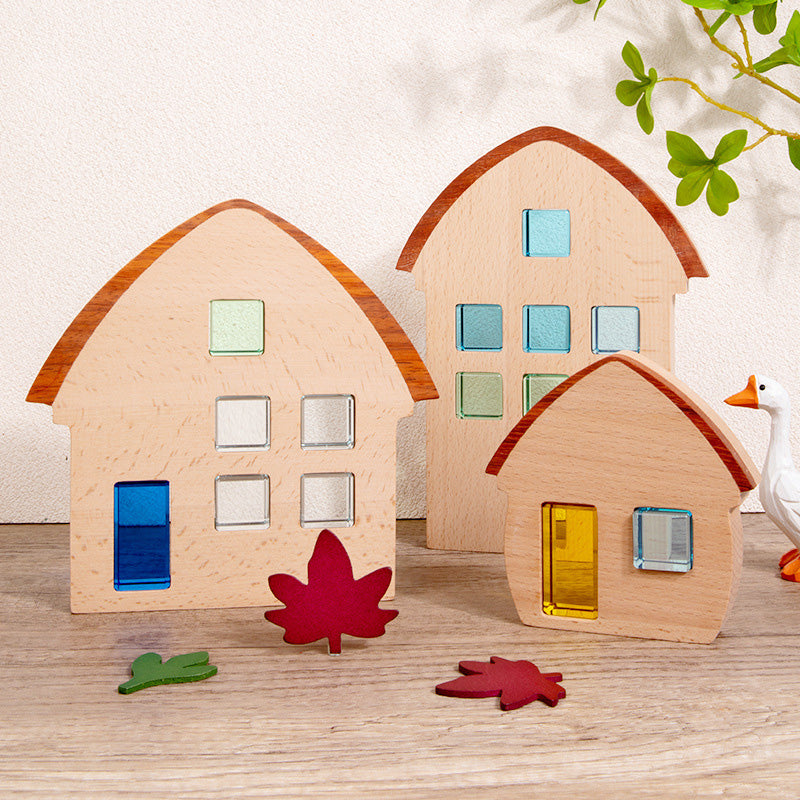 B018 Wooden Building Blocks Set for Kids，3 Wood House, Montessori Stacking Toy for Toddlers