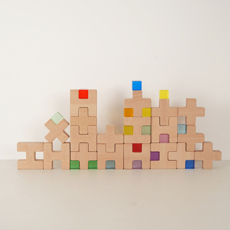 B019 Wooden Rainbow Building Blocks Cube Gem Stacking Blocks Toys