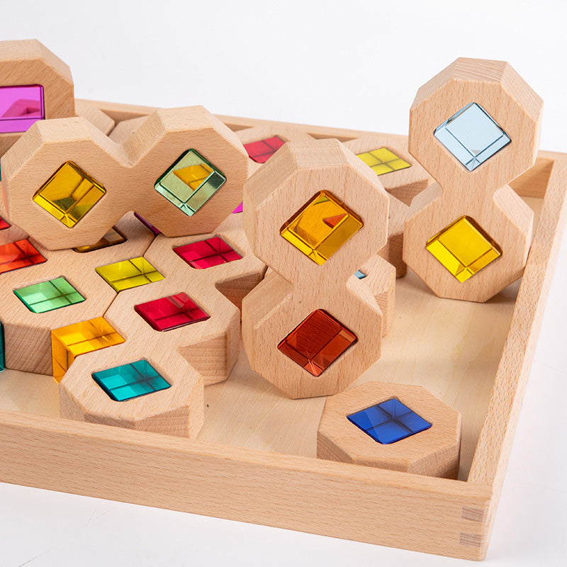B019 Wooden Rainbow Building Blocks Cube Gem Stacking Blocks Toys